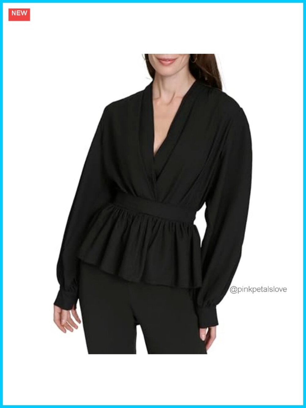 Halston Bishop Sleeve Cinched Waist Draping V Neck Blouse